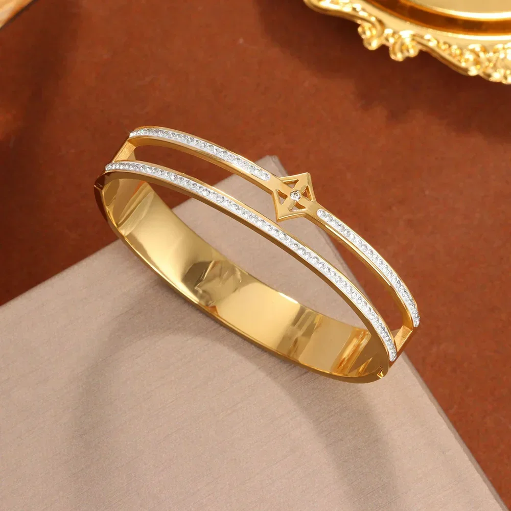 

New Square Inlaid Rhinestones Bangles For Woman Stainless Steel Jewelry Hollow Out Double Layer Bracelet Gifts For Girlfriend