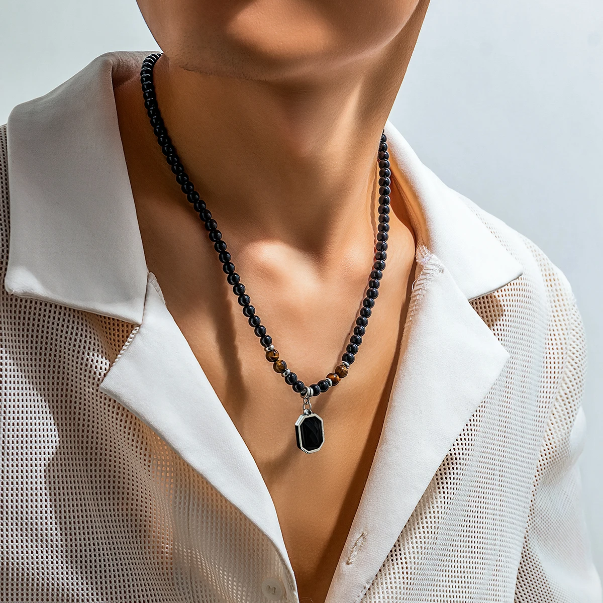 Salircon Simple Black Tiger Stone Beaded Clavicle Necklace Punk Geometric Stainless Steel Pendant Choker For Men Casual Jewelry