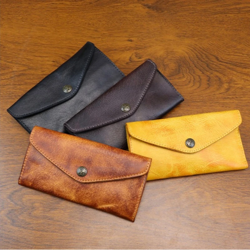 Hand Distressed Vegetable Tanned Leather Men's Long Wallet Large Capacity Clasp Closure Phone Clutch Bag for Women 100% Leather
