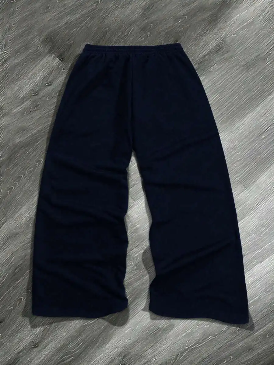 

Mens Plain Blue Loose-Fit Casual Trousers With Elastic Waistband For Everyday Wear