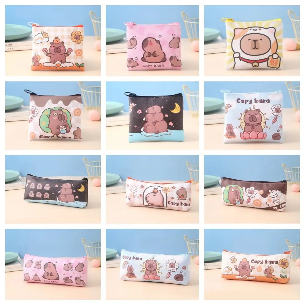 Tas penyimpanan Capybara dompet koin garis bunga kartun Makeup tas lipstik kulit PU tahan air tas tangan persegi kecil luar ruangan