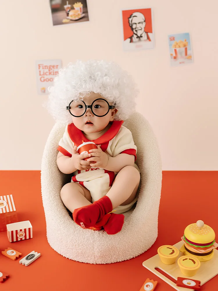 赤ちゃん100日記念写真撮影用小道具-ベビーロンパース-チキンハットセット-ファーストフードテーマの小道具-スタジオ用-乳児の成長記録写真アクセサリー