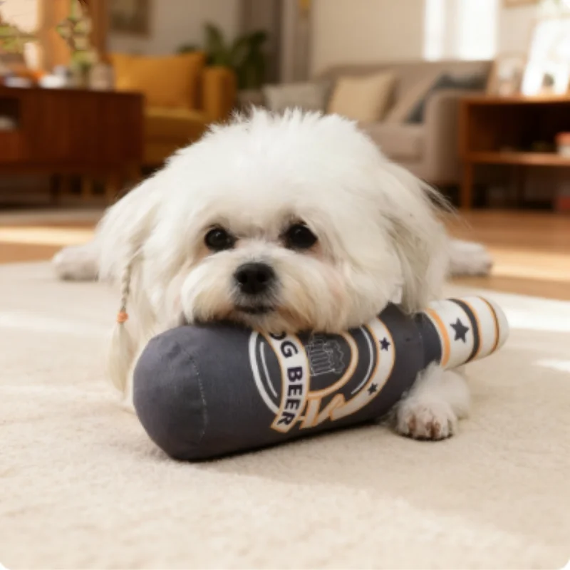 Giocattolo da masticare per cani in peluche a forma di bottiglia di birra Squeaky Interattivo resistente ai morsi Forniture per animali domestici per cani da piccola a grande taglia Denti Clea