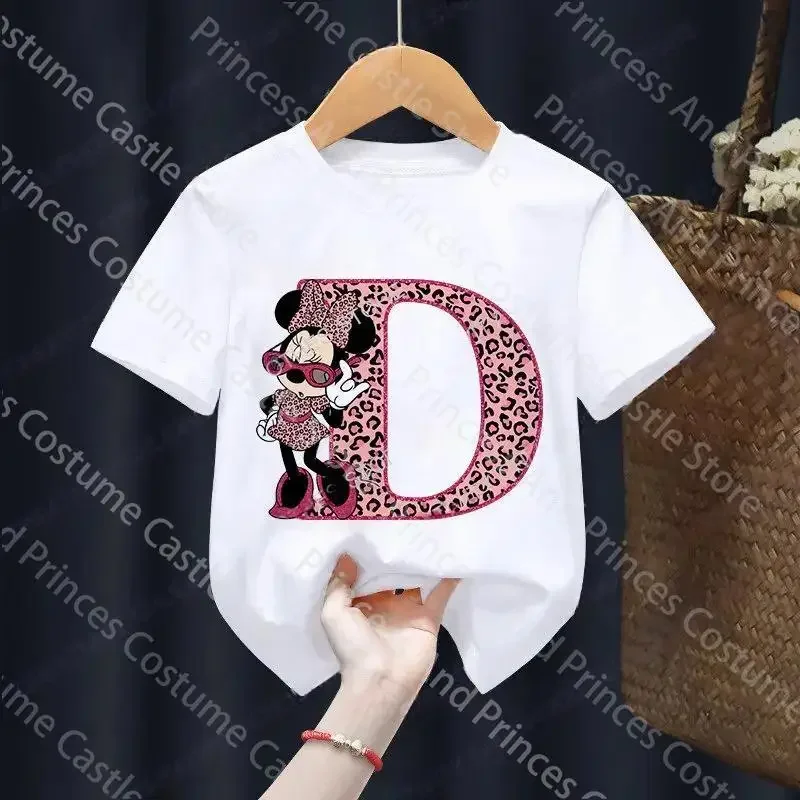 Letter A-Z Minnie Children  T-Shirts Name Combination Disney Kawaii Cartoons Clothes Kids Little Boy Girl Tee Shirts Casua