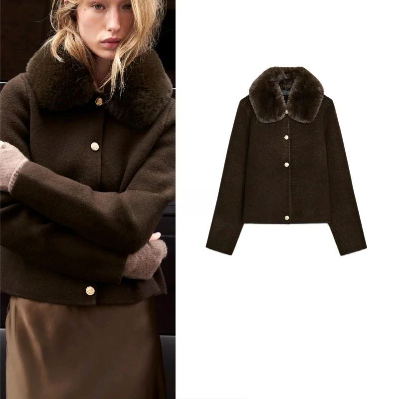 

Winter New American Sle Knitted Long Sve Faux Fur Collar Women's Outerwear Polyester Fiber 00% Button Closure Detachable