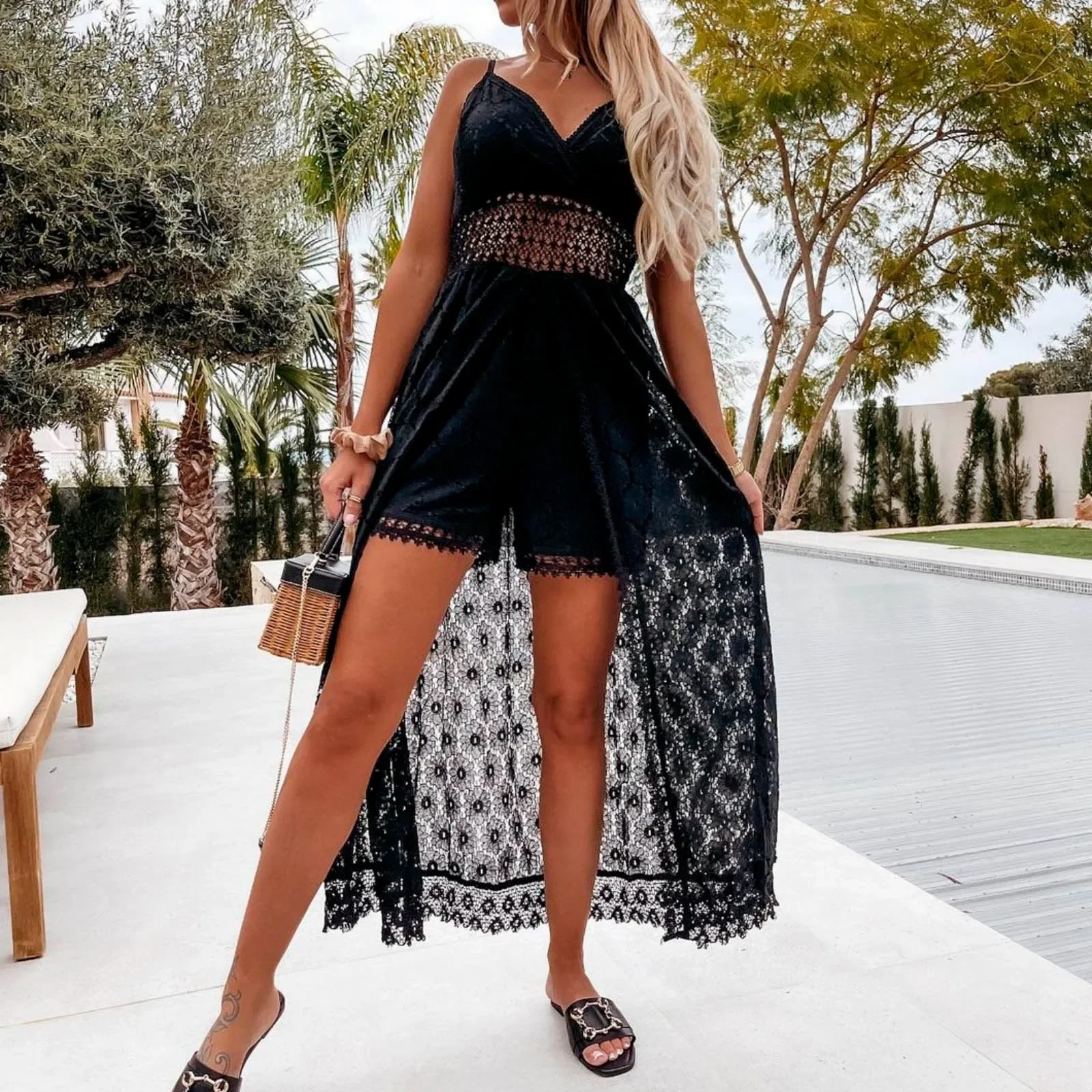 Sexy Boho Style Solid Lace Sling Cocktail Jumpsuits For Women Wedding Sleeveless Backless Hollow Bodysuits White Dresses