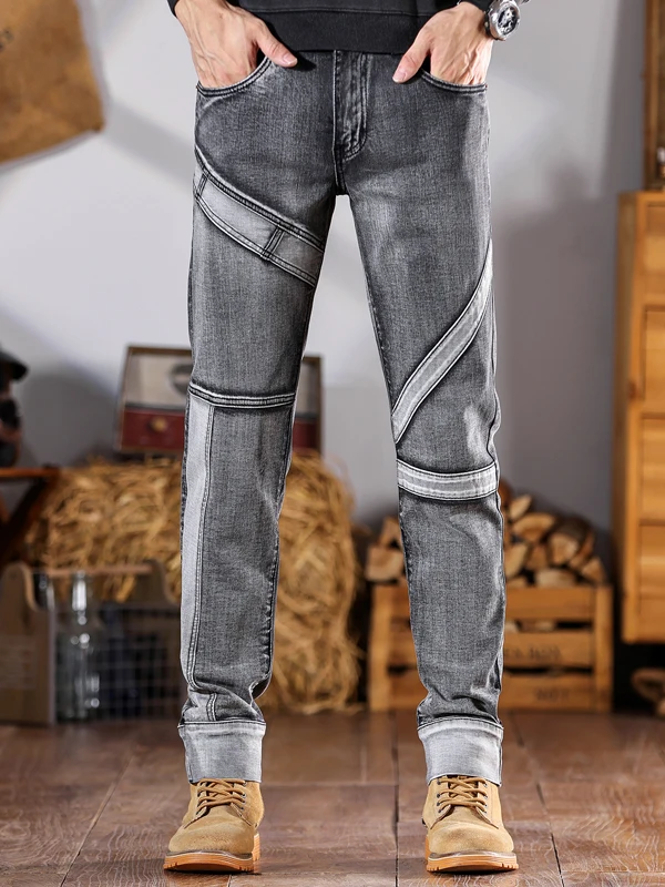 

High-End Patchwork Vintage Color Men's Jeans Casual Slim Fit Autumn Spring Motorcycle Leisure Long Pants Cotton Stretch Denim