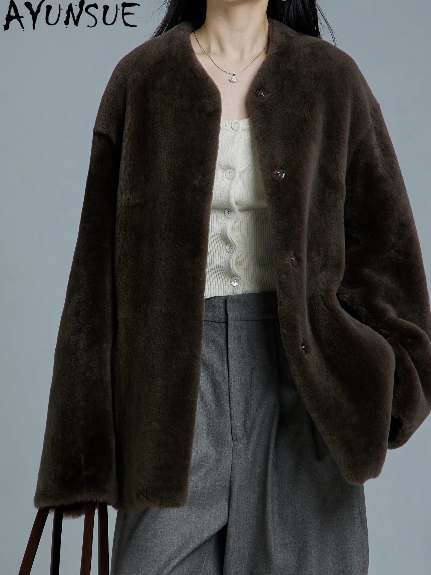 AYUNSUE Giacca in vera pelle da donna Cappotto di pelle di pecora merino Cappotti di vera pelliccia naturale Abiti invernali caldi Scollo a V femminile Шуба Ж Jayacud