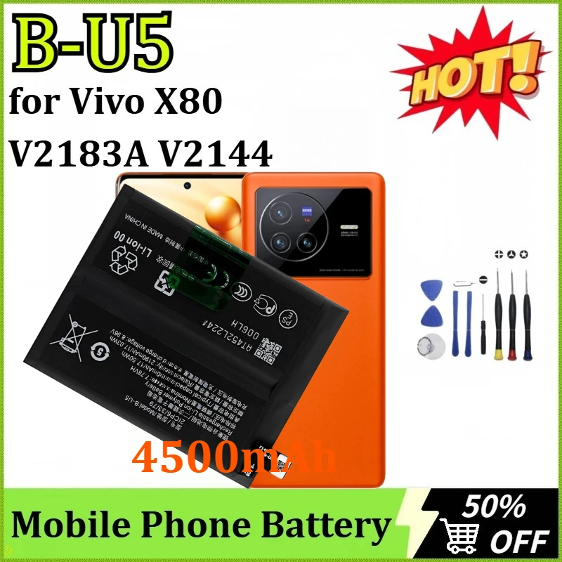 Bateria recentemente atualizada de 4500mAh B-U5 para Vivo X80 V2183A V2144 Baterias de substituição de alta capacidade para celular + ferramentas