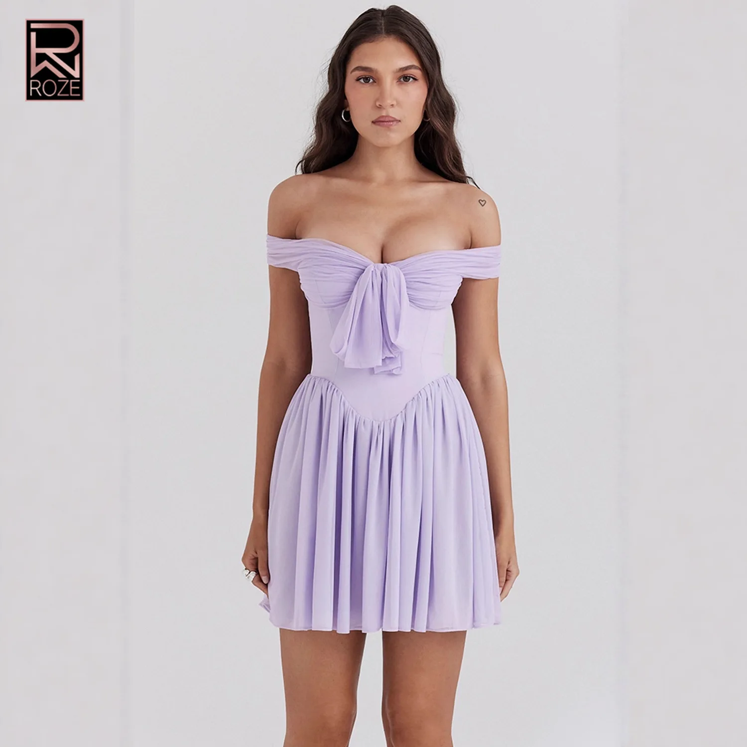 فستان لافندر مكشوف الكتفين - شبكة شفافة وتنورة مطوية، فستان حفل مسائي #1