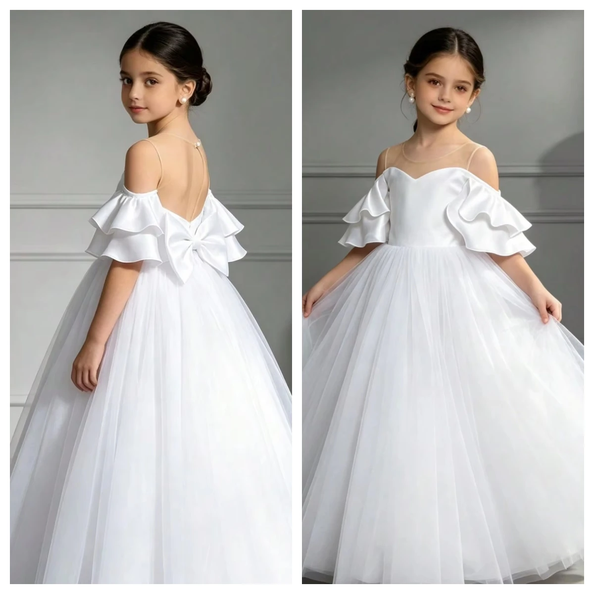 

New Lovely White Flower Girl Dress for Wedding Bow Short Sleeve High Waist Floor Length Kids Birthday Party 1st Communion Gown