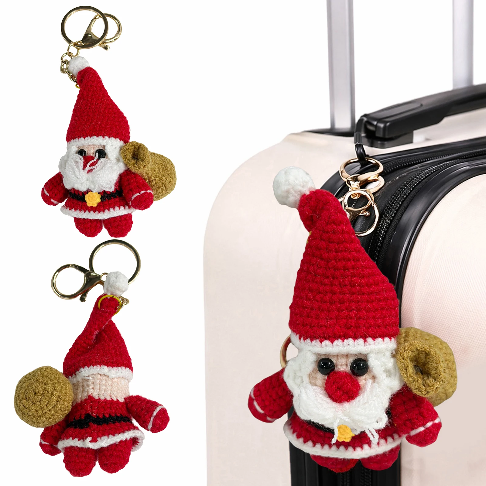 Handmade Crochet Santa Keychains Hand-Crocheted Xmas Doll Keychain Xmas Theme Key Chains for Adults Teens Beginners DIY Craft