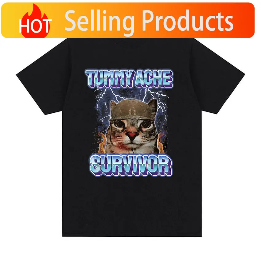 Vintage Tummy Ache Survivor Funny Cat Meme Tee Shirt Men Women Clothing Fashion Short Sleeve T-shirt Casual Pure Cotton T Shirts