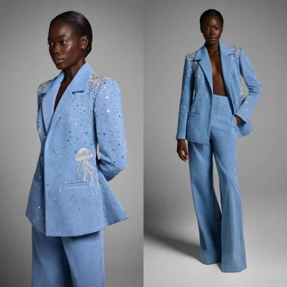 

Luxurious Crystals Suits For Women Long Sleeve Single Breasted Office Ladies Work Beadeds Business Party Custom Made