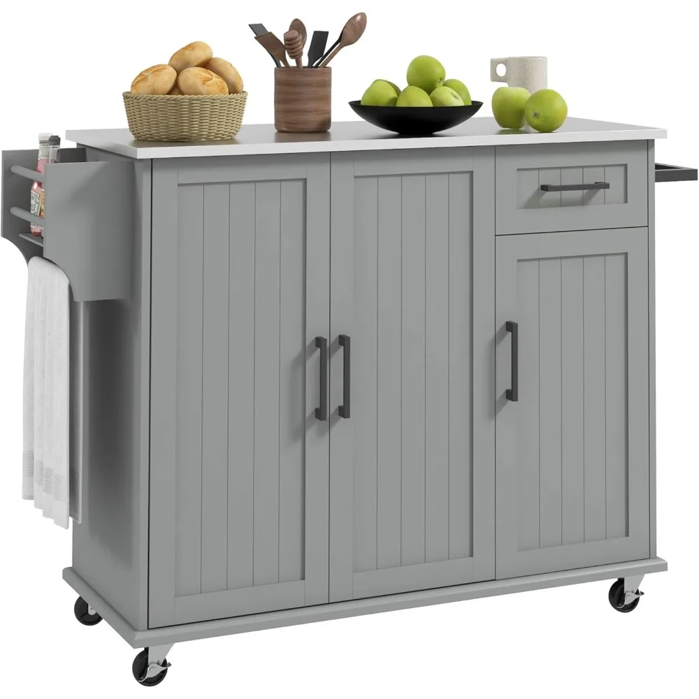 

Kitchen Island with Storage, Rolling Kitchen Island on Wheels with Drawer, 3 Cabinets, Stainless Steel Countertop, Spice