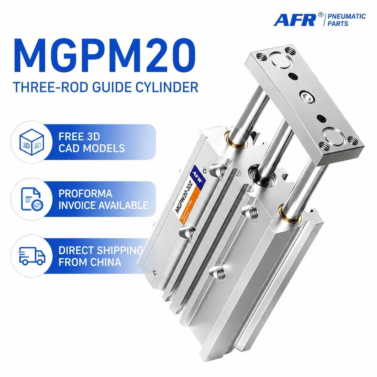 AFR MGPM20 Double Guide Rod Cylinder Three Rod Guided Magnetic Anti-Rotation Double Acting Slide Bearing Bore 20mm MGPM20-50Z