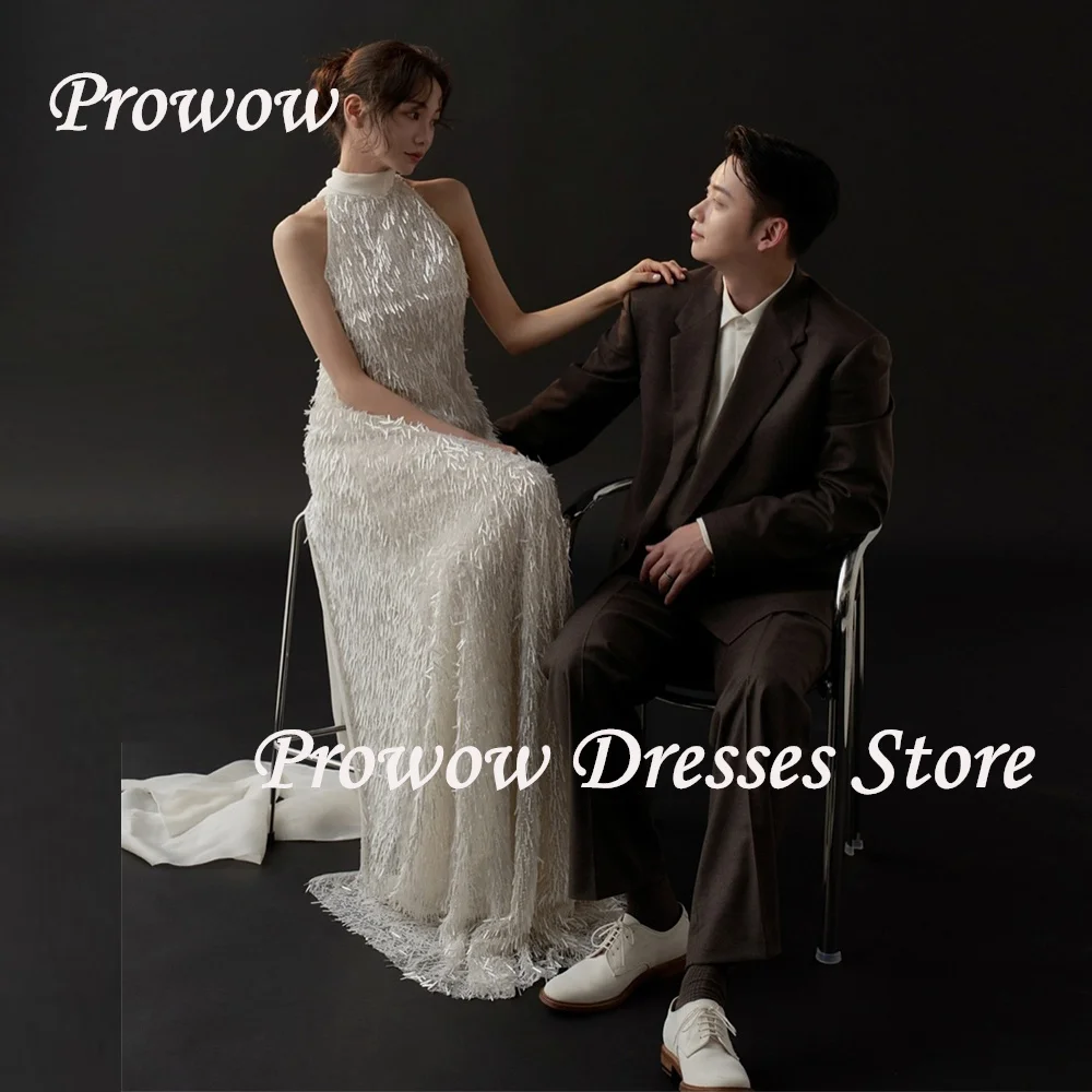 

Prowow Luxury Halter Ivory Wedding Dress Korea Photo Shoot Feathers A Line Bridal Gown Floor Length Sleeveless Women Customized