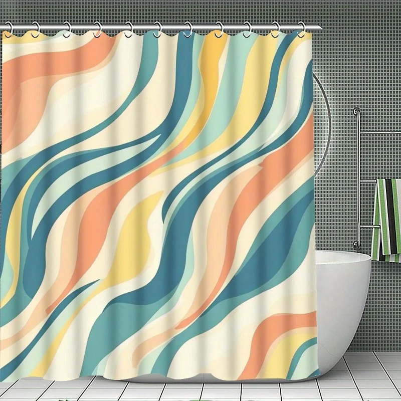 4pc Brightly colored modern bathroom accessories, including shower curtains, rugs, toilet seats, and U-shaped mats.