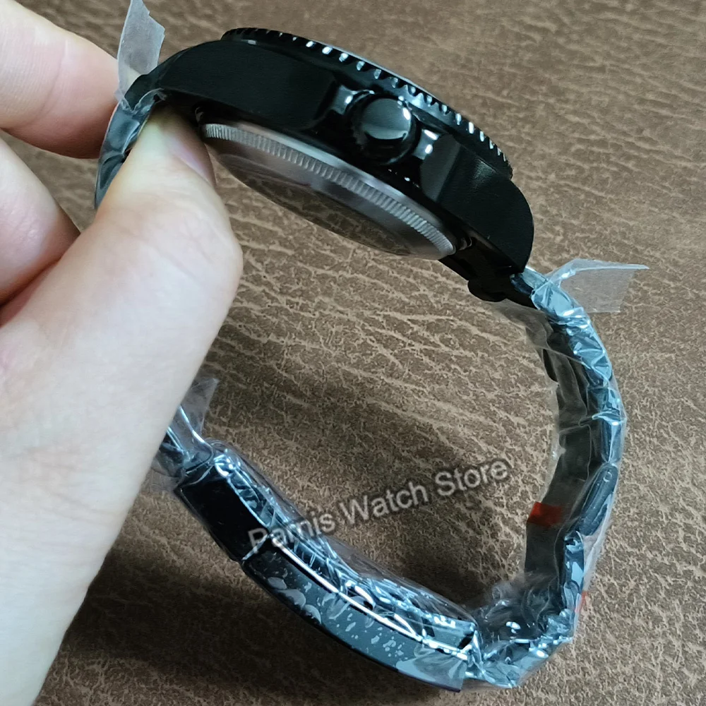 Parnis 43mm 自動巻きブラックダイヤルメンズウォッチ回転ベゼル夜光マーク