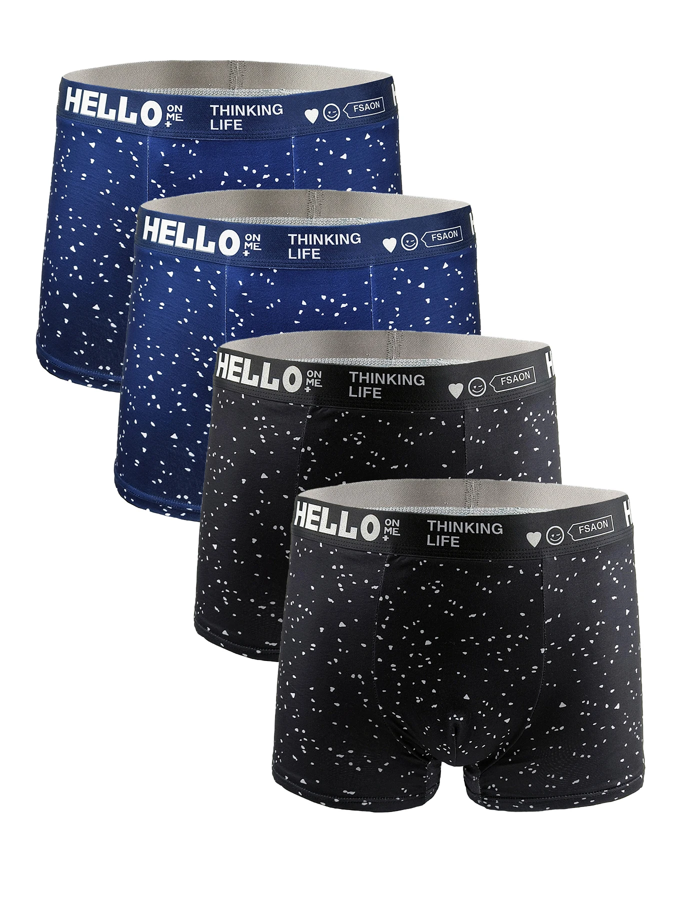 Men's 4-Pack Polyester Boxer Briefs - "HELLO" & "THINKING LIFE" Printed Waistband with Speckled Pattern,