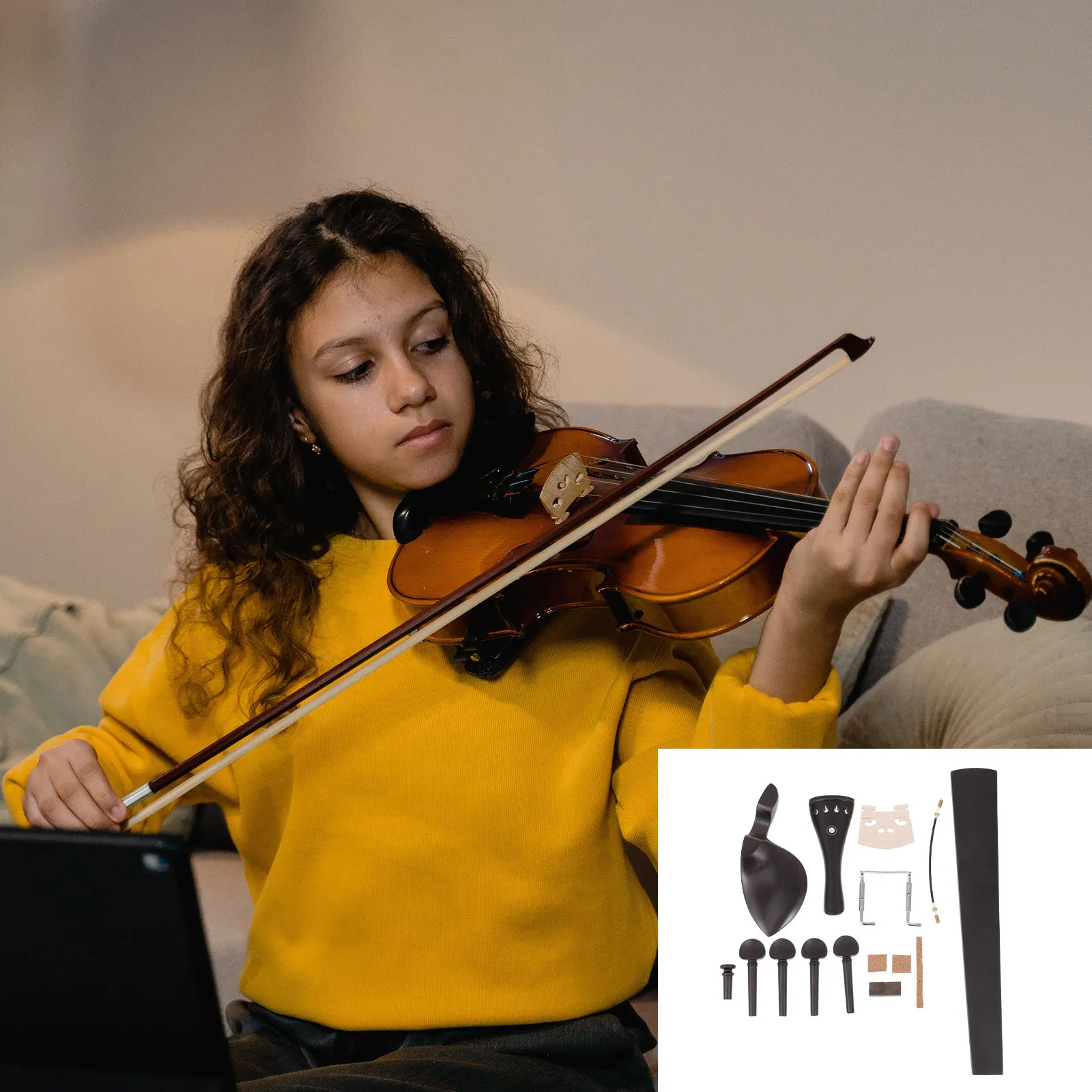 Ebony Violin Accessories Set – Pegs, Chinrest, Tailpiece, Bridge & Fine Tuners for Full-Size 4/4 Violins
