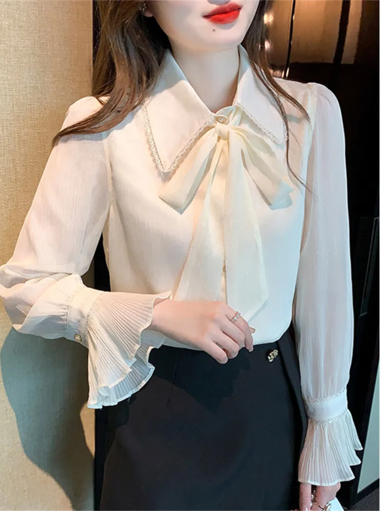 #3238 White Chiffon Office Shirts Blouse Women Turn-down Collar France Style Flare Sleeve Women Shirts Thin Sexy Vintage Spring