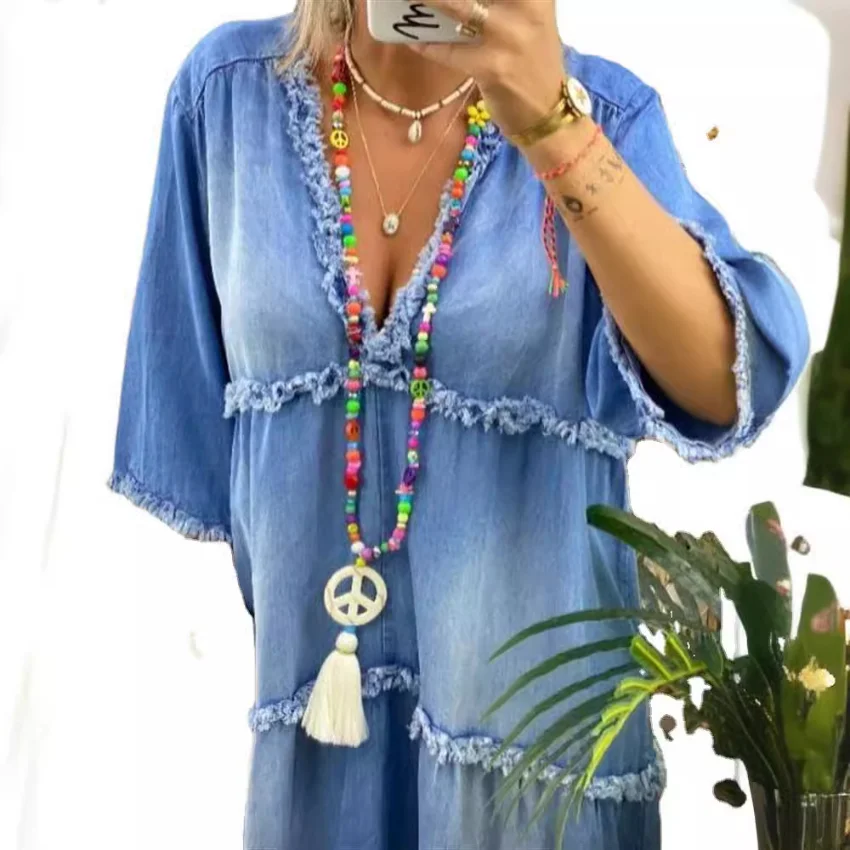 Jeans Long Dress Women V Neck Short Sleeve Summer Boho Long Denim Dresses Womens