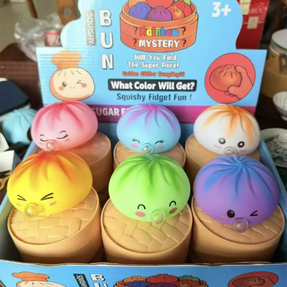 1pc Rainbow Color Dumpling Fidget Toys Soft Slow Resilience Stress-Relieving Balls with Steamer Fidget