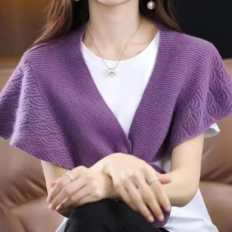 Women's Spring and Autumn New Fashion Solid Scarf Collar Button Japanese Casual Versatile Sleeveless Sweater Knitted Small Shawl