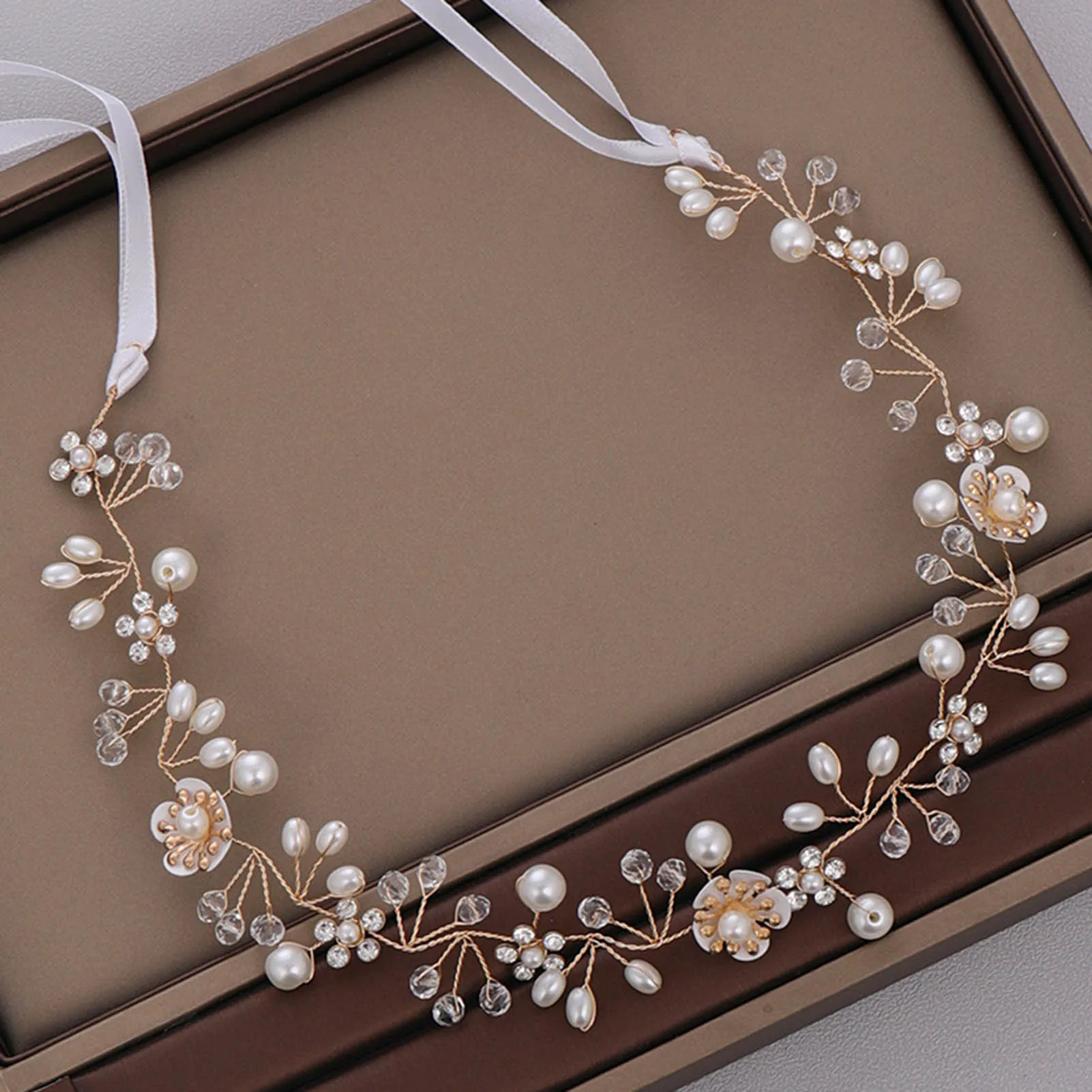 Pearl Hairband for Wedding Bridal Women's Lace-up Rhinestone Headdress Flower Jewelry Elegant Gown Party Accessories Gift