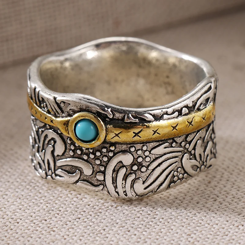 Vintage Wide Face Ring For Women with Relief Pattern Inlaid Synthetic Turquoise Ring Bohemian Style Fashion Jewelry