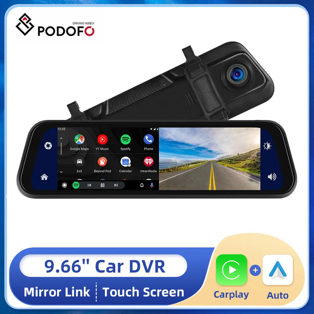 

Podofo Car DVR Mirror 9.66 Inch Touch Screen Stream RearView Dash Cam Mirror Dual Car Camera Wireless Carplay Drive Recorder