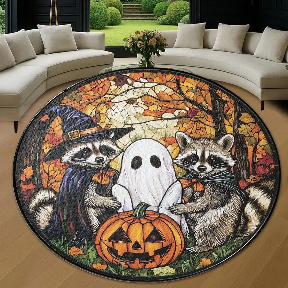 3D Illusion Rug Halloween Skeleton Pumpkin Head Vortex Tunnel Green Orange Print for Living Room Decor