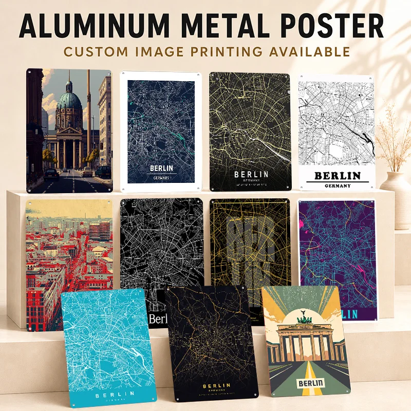 Berlin Aluminum Posters Customized Metal Tin Sign Premium Minimalist Travel Map Wall Art For Hallway Workspace And City Admirers