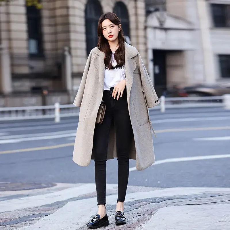 

Lace Up Mixtures Jacket Woman Plain Trendy Cheap New In High Quality Trench Wool Blend Coat for Women Medium Long Sleeve on Sale