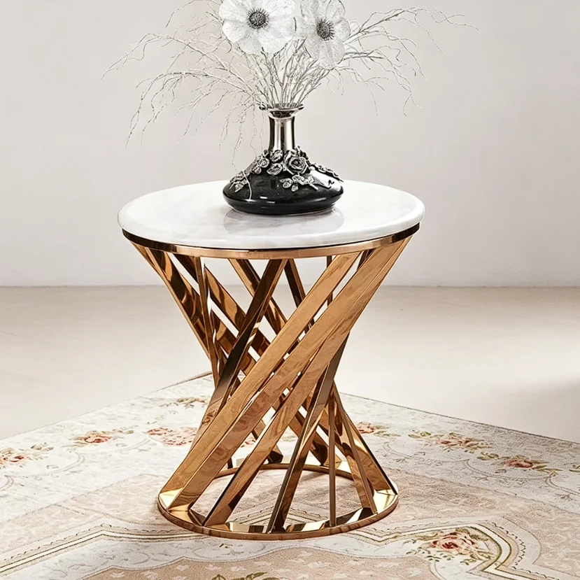 Luxury Home Furniture Hot Selling Custom Round Rock Plate Top Gold Metal Frame Side End Coffee Table for Household Living Room