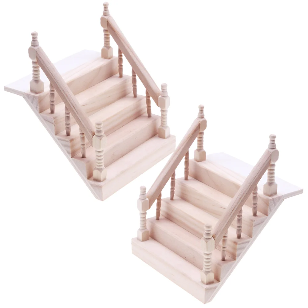 2 Pcs Props Solid Wood Carved Mini House Decoration Double Handrail Staircase Model 2pcs Models Wooden