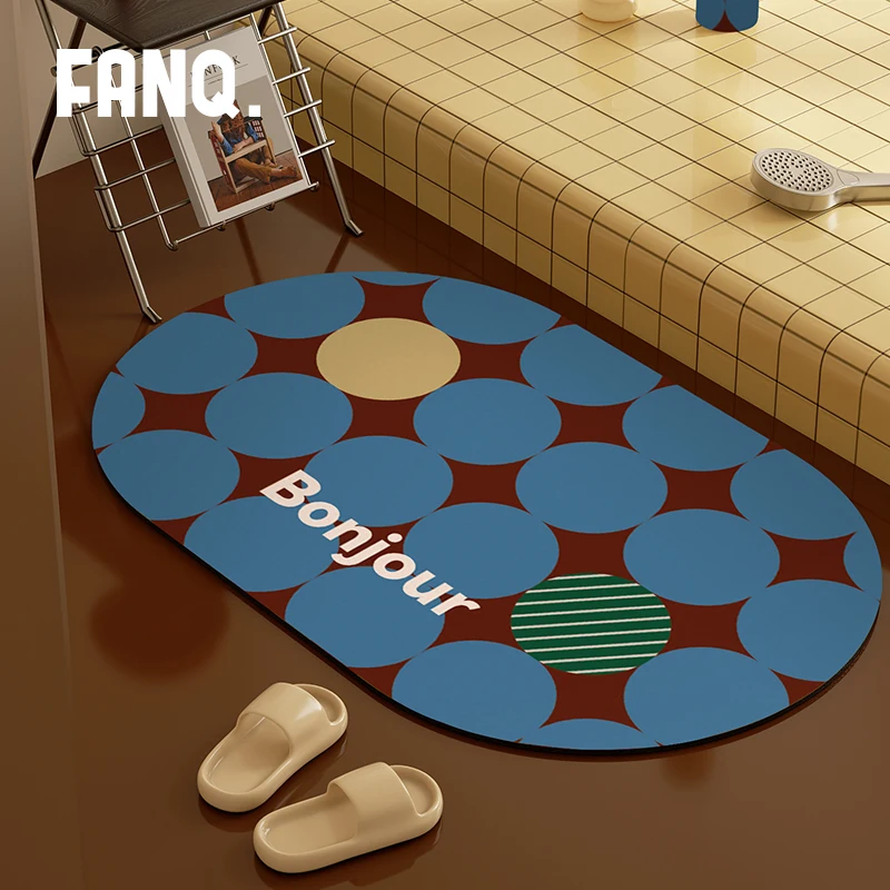 

VIKAMA Retro Plaid Diatom Mud Oval Rug Bathroom Mat Water Absorbent Anti-Slip Toilet Kitchen Entrance Door Mat Home Decoration