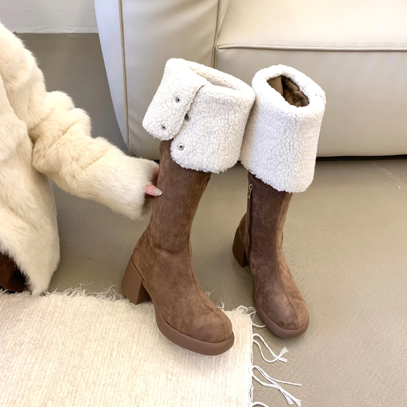 

Warm Chelsea High Fur Boots Women Winter Shoes for Women Chunky Mid-calf Plush Snow Thick Heel Boots ZIP Fashion Botas De Mujer