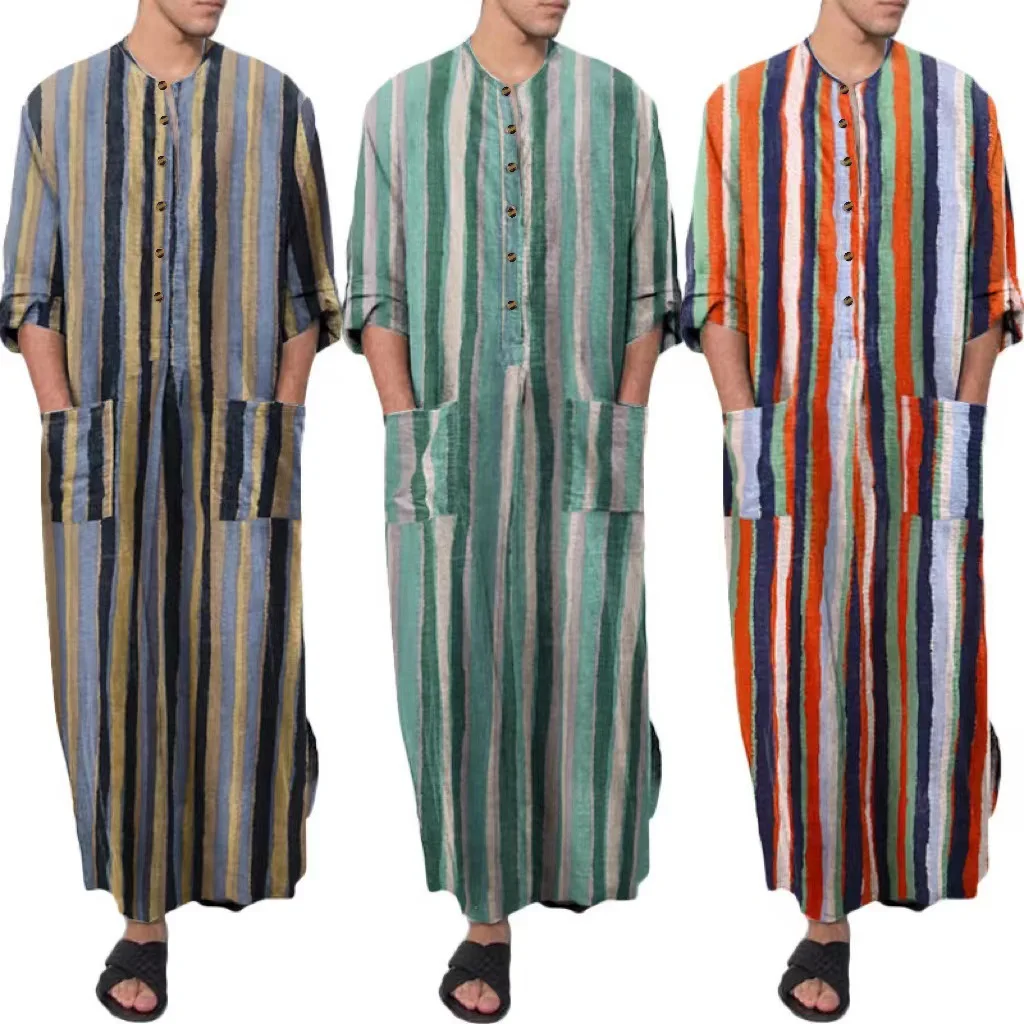 Hot Selling Men's Jubba Thobe Long Robe Loose Fit Striped Design for Spring Summer Leisure High-End One-Piece Muslim Clothing