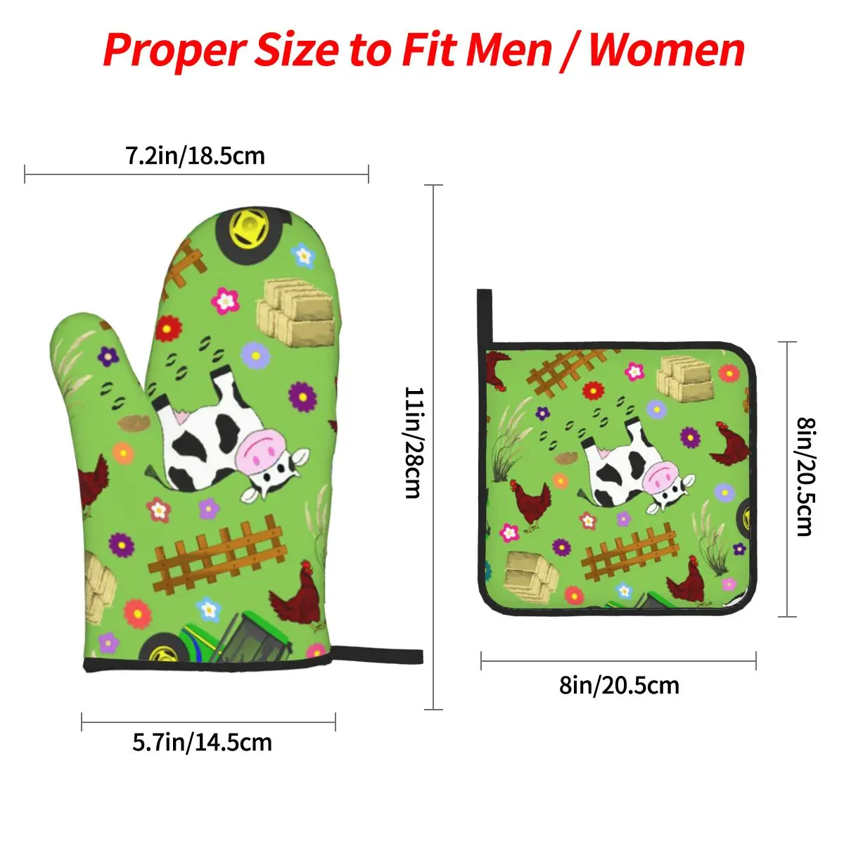 Farmyard Cow And Tractor Oven Mitts and Pot Holder Sets of 4 for Baking Kitchen Cooking BBQ Resistant Non-Slip Gloves