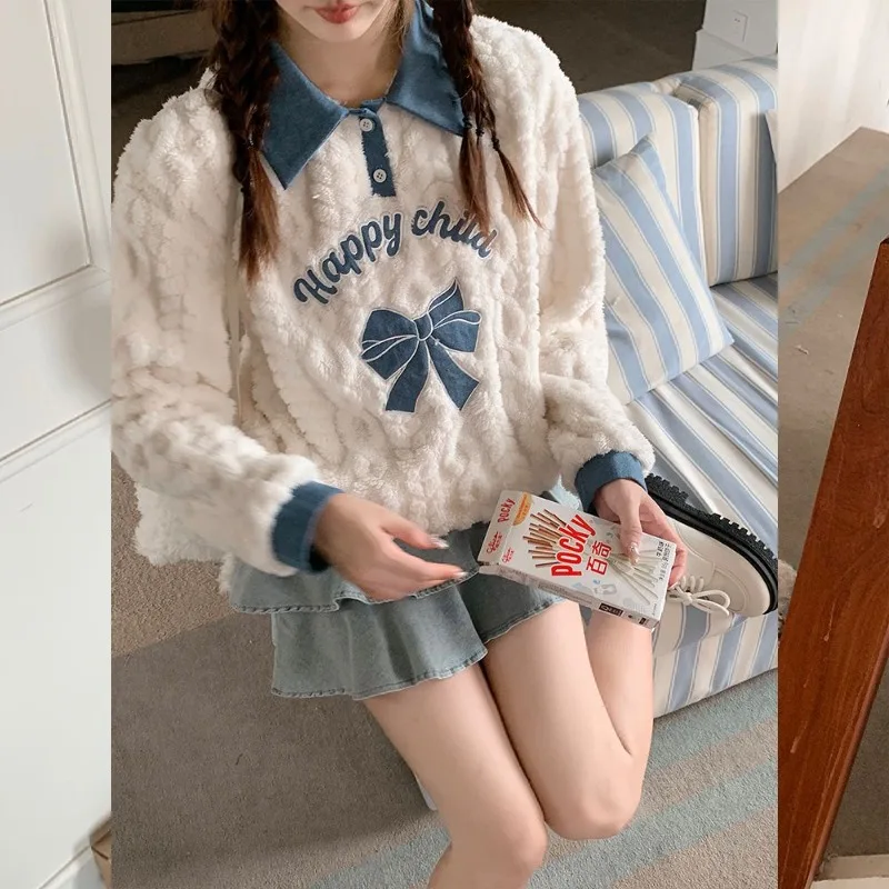 Top color albicocca in peluche da ragazza cremosa per donna, cappotto con risvolto caldo con design bowknot autunnale e invernale