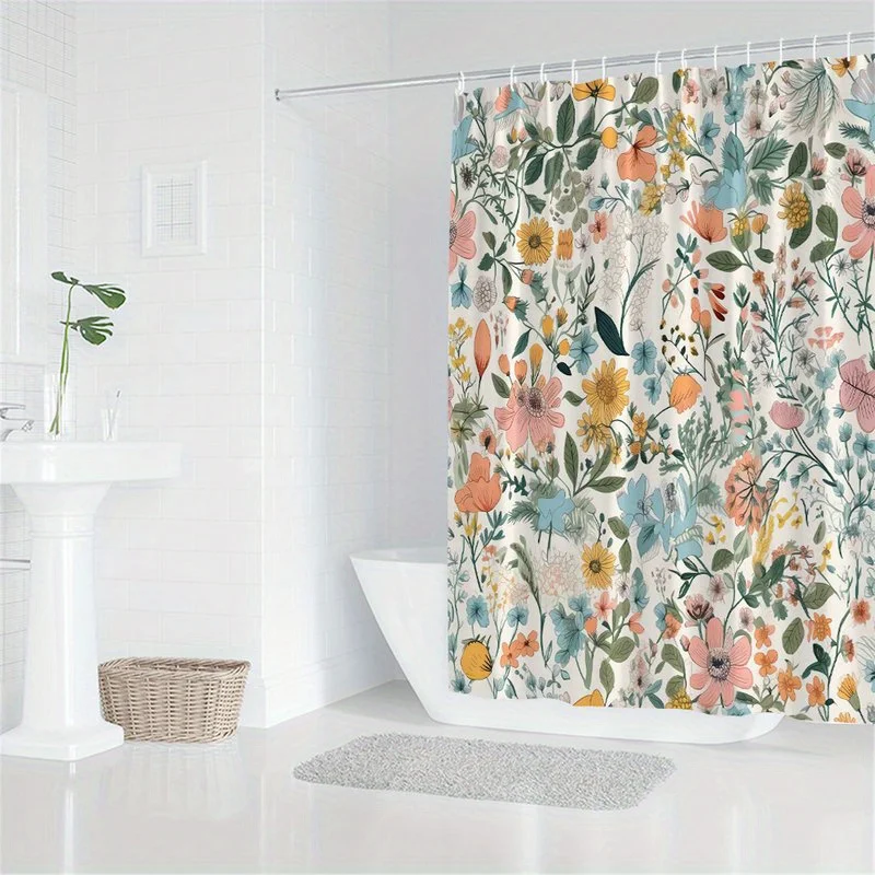 

Красочная шторка для душа с цветочным принтом, 1 шт., с 12 крючками, для ванной комнаты, домашнего декора, полиэстер, 2D плоская печать, 70.8x70.8 дюймов