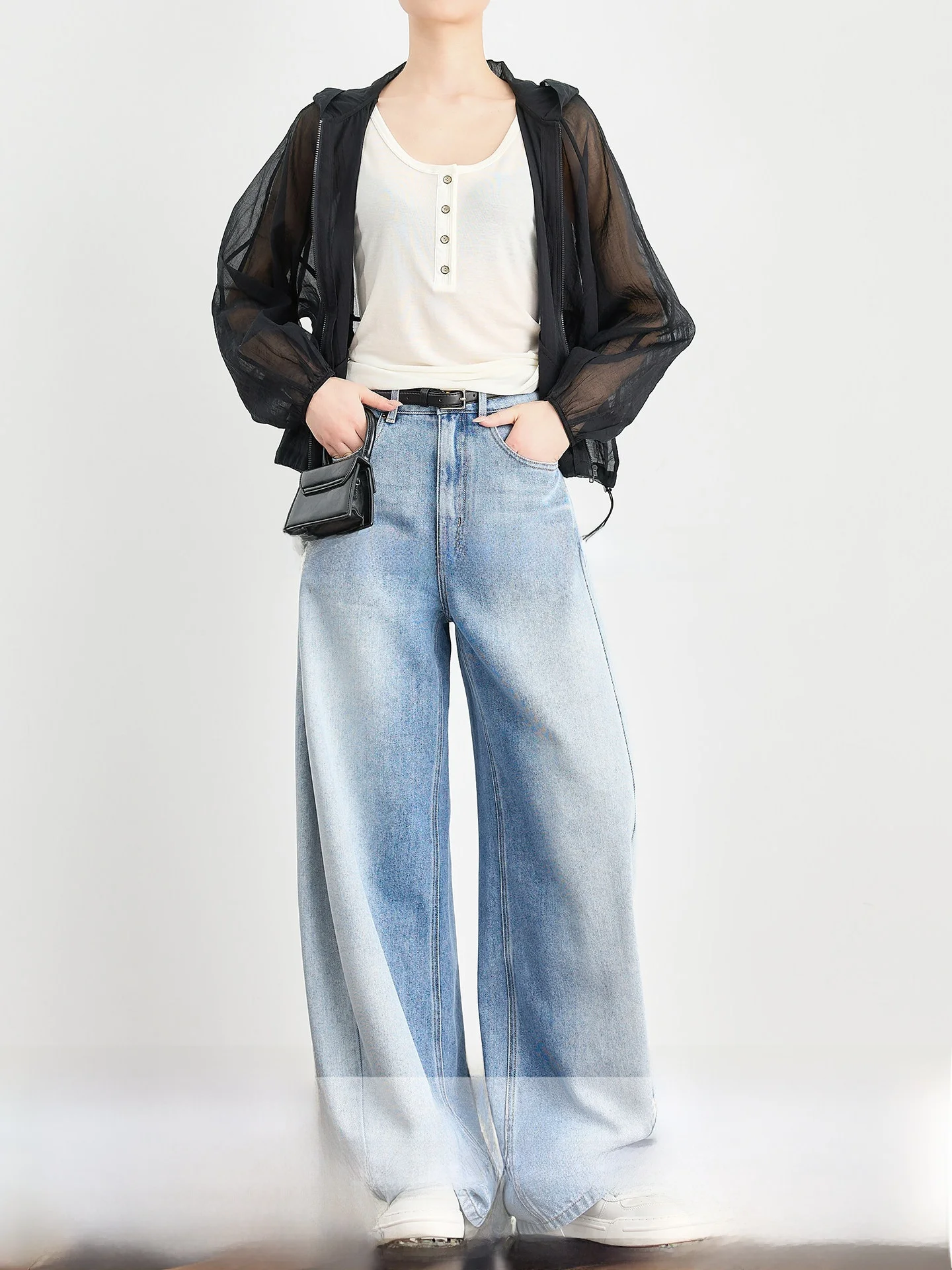 

FAESSLIN High Waist Wide Leg Jeans Light Blue Linen Lyocell Blend Extended Length Women's Pants Comfortable Casual Summer Jeans