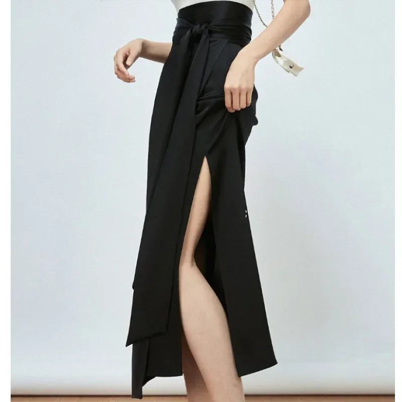 Women's Spring New Advanced Sense Triacetate Double Satin Full Arch Stitch One Piece Slit Lace-up Solid Color Half Body Skirt