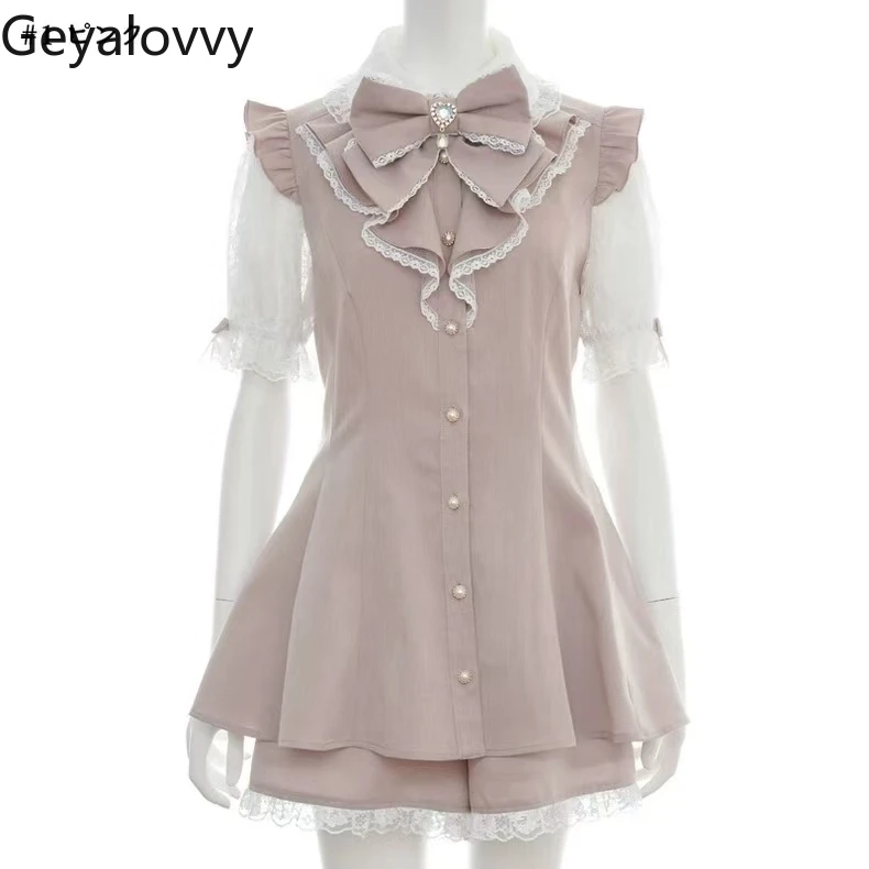 

Sweet Dress Suit Summer New High Waist Drawstring Straps Slim Dress Lapel Collar Short-sleeved Shirt Dress Shorts Two-piece Set