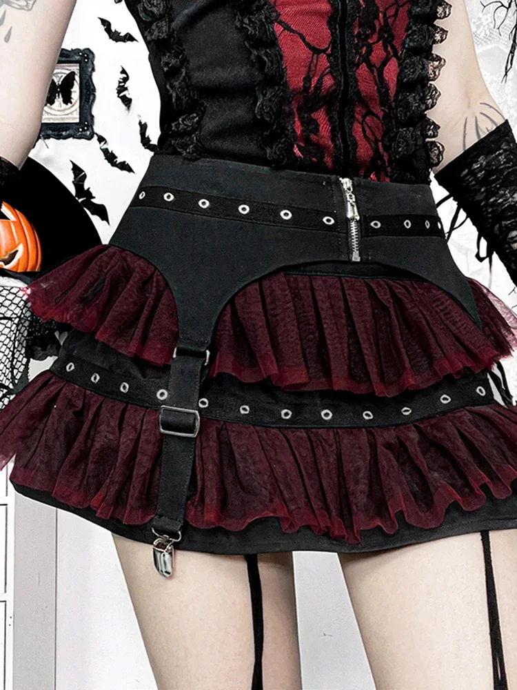 AltGoth Streetwear Punk Gothic Skirt Women Harajuku Y2k E-girl Emo Alternative Grunge Red Black Mesh Patchwork Pleated Skirts