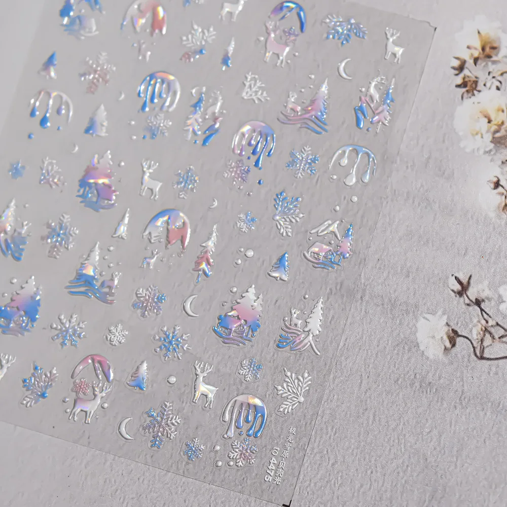 1 stks Blauwe Kerst Nagelstickers Shell Licht Nail Art Decoratie Stickers Gemengde Aurora Sneeuwveld Elanden Lijm Slider Leuke Onderdelen