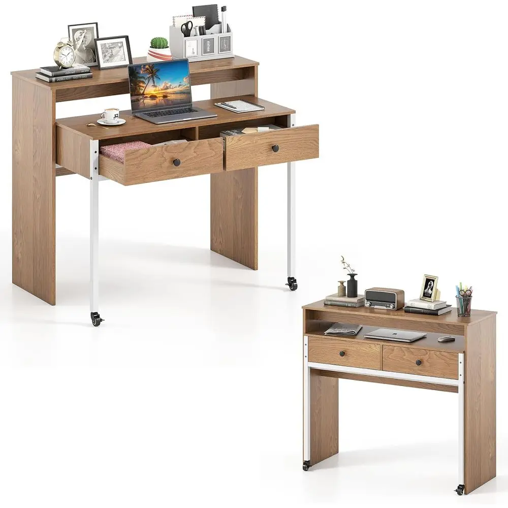 

Compact Writing Desk with Hutch, Pull-Out Table, Monitor Stand, and Rolling Wheels for Small Spaces