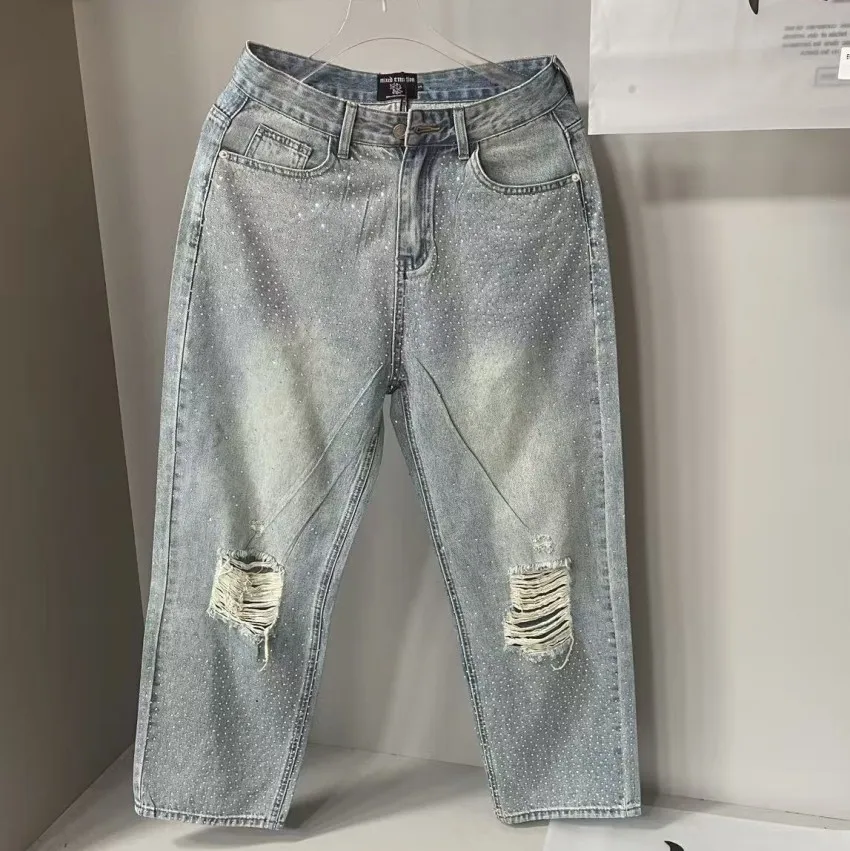 

Высокое качество, новые джинсы со стразами, брюки для мужчин и женщин, старые потертые винтажные зимние брюки с отверстиями, спортивные штаны